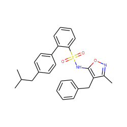 Cc1noc(NS(=O)(=O)c2ccccc2-c2ccc(CC(C)C)cc2)c1Cc1ccccc1 ZINC000013782433