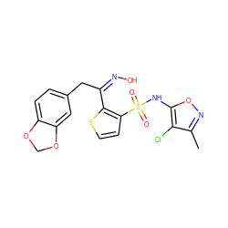 Cc1noc(NS(=O)(=O)c2ccsc2/C(Cc2ccc3c(c2)OCO3)=N\O)c1Cl ZINC000013815682