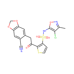 Cc1noc(NS(=O)(=O)c2ccsc2C(=O)Cc2cc3c(cc2C#N)OCO3)c1Cl ZINC000013815829