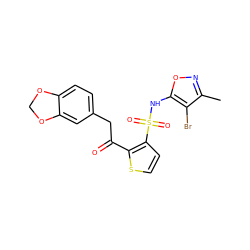 Cc1noc(NS(=O)(=O)c2ccsc2C(=O)Cc2ccc3c(c2)OCO3)c1Br ZINC000013815644