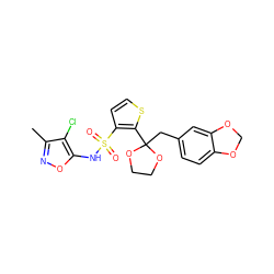 Cc1noc(NS(=O)(=O)c2ccsc2C2(Cc3ccc4c(c3)OCO4)OCCO2)c1Cl ZINC000013815707