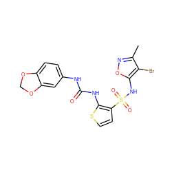 Cc1noc(NS(=O)(=O)c2ccsc2NC(=O)Nc2ccc3c(c2)OCO3)c1Br ZINC000013815656