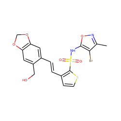 Cc1noc(NS(=O)(=O)c2sccc2/C=C/c2cc3c(cc2CO)OCO3)c1Br ZINC000028019861