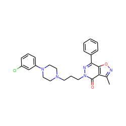 Cc1noc2c(-c3ccccc3)nn(CCCN3CCN(c4cccc(Cl)c4)CC3)c(=O)c12 ZINC000001491937