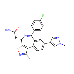 Cc1noc2c1-c1ccc(-c3cnn(C)c3)cc1C(c1ccc(Cl)cc1)=N[C@H]2CC(N)=O ZINC000205962509