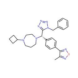 Cc1nonc1-c1ccc([C@@H](c2nnnn2Cc2ccccc2)N2CCCN(C3CCC3)CC2)cc1 ZINC000058590443