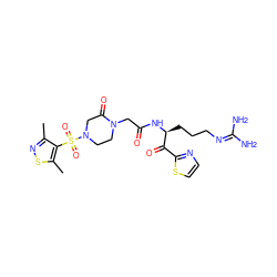 Cc1nsc(C)c1S(=O)(=O)N1CCN(CC(=O)N[C@@H](CCCN=C(N)N)C(=O)c2nccs2)C(=O)C1 ZINC000027758684