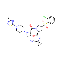 Cc1nsc(N2CCC(N3CC[C@@H]3C(=O)N3C[C@H](S(=O)(=O)c4ccccc4Cl)C[C@H]3C(=O)NC3(C#N)CC3)CC2)n1 ZINC000169705290