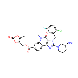 Cc1oc(=O)oc1COC(=O)c1ccc2c3nc(N4CCC[C@@H](N)C4)n(Cc4cc(F)ccc4Cl)c3c(=O)n(C)c2c1 ZINC000059717449