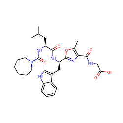 Cc1oc([C@@H](Cc2c[nH]c3ccccc23)NC(=O)[C@H](CC(C)C)NC(=O)N2CCCCCC2)nc1C(=O)NCC(=O)O ZINC000028110281