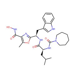 Cc1oc([C@@H](Cc2c[nH]c3ccccc23)NC(=O)[C@H](CC(C)C)NC(=O)N2CCCCCC2)nc1C(=O)NO ZINC000028106154