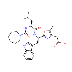 Cc1oc([C@@H](Cc2c[nH]c3ccccc23)NC(=O)[C@H](CC(C)C)NC(=O)N2CCCCCC2)nc1CC(=O)O ZINC000028110275