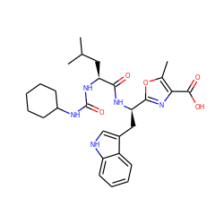 Cc1oc([C@@H](Cc2c[nH]c3ccccc23)NC(=O)[C@H](CC(C)C)NC(=O)NC2CCCCC2)nc1C(=O)O ZINC000013746798