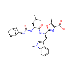 Cc1oc([C@@H](Cc2cn(C)c3ccccc23)NC(=O)[C@H](CC(C)C)NC(=O)N[C@@H]2C[C@H]3CC[C@H]2C3)nc1C(=O)O ZINC000253637588