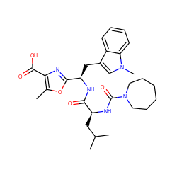 Cc1oc([C@@H](Cc2cn(C)c3ccccc23)NC(=O)[C@H](CC(C)C)NC(=O)N2CCCCCC2)nc1C(=O)O ZINC000028086514