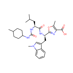 Cc1oc([C@@H](Cc2cn(C)c3ccccc23)NC(=O)[C@H](CC(C)C)NC(=O)NC2CCC(C)CC2)nc1C(=O)O ZINC000028088490