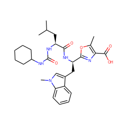 Cc1oc([C@@H](Cc2cn(C)c3ccccc23)NC(=O)[C@H](CC(C)C)NC(=O)NC2CCCCC2)nc1C(=O)O ZINC000003935661