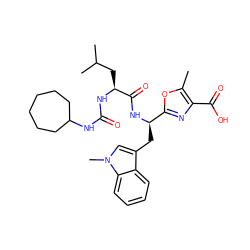 Cc1oc([C@@H](Cc2cn(C)c3ccccc23)NC(=O)[C@H](CC(C)C)NC(=O)NC2CCCCCC2)nc1C(=O)O ZINC000028096345