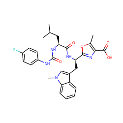 Cc1oc([C@@H](Cc2cn(C)c3ccccc23)NC(=O)[C@H](CC(C)C)NC(=O)Nc2ccc(F)cc2)nc1C(=O)O ZINC000028089840