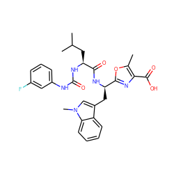 Cc1oc([C@@H](Cc2cn(C)c3ccccc23)NC(=O)[C@H](CC(C)C)NC(=O)Nc2cccc(F)c2)nc1C(=O)O ZINC000003935662