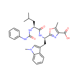 Cc1oc([C@@H](Cc2cn(C)c3ccccc23)NC(=O)[C@H](CC(C)C)NC(=O)Nc2ccccc2)nc1C(=O)O ZINC000006143324