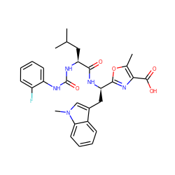 Cc1oc([C@@H](Cc2cn(C)c3ccccc23)NC(=O)[C@H](CC(C)C)NC(=O)Nc2ccccc2F)nc1C(=O)O ZINC000003935663