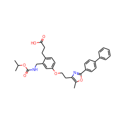 Cc1oc(-c2ccc(-c3ccccc3)cc2)nc1CCOc1ccc(CCC(=O)O)c(CNC(=O)OC(C)C)c1 ZINC000034717770