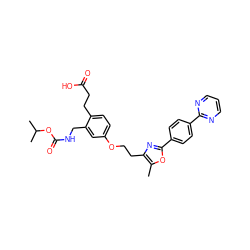 Cc1oc(-c2ccc(-c3ncccn3)cc2)nc1CCOc1ccc(CCC(=O)O)c(CNC(=O)OC(C)C)c1 ZINC000034717779