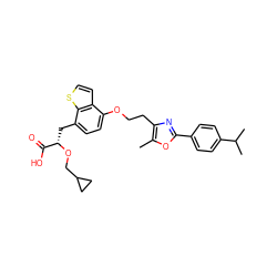 Cc1oc(-c2ccc(C(C)C)cc2)nc1CCOc1ccc(C[C@H](OCC2CC2)C(=O)O)c2sccc12 ZINC000040412686