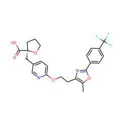 Cc1oc(-c2ccc(C(F)(F)F)cc2)nc1CCOc1ccc(C[C@]2(C(=O)O)CCCO2)cn1 ZINC000034717794