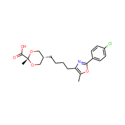 Cc1oc(-c2ccc(Cl)cc2)nc1CCCC[C@H]1CO[C@@](C)(C(=O)O)OC1 ZINC000261190184