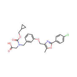 Cc1oc(-c2ccc(Cl)cc2)nc1COc1cccc(CN(CC(=O)O)C(=O)OCC2CC2)c1 ZINC000049072329