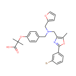 Cc1oc(-c2cccc(Br)c2)nc1CN(Cc1ccc(OC(C)(C)C(=O)O)cc1)Cc1ccco1 ZINC000095562401