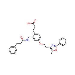 Cc1oc(-c2ccccc2)nc1CCOc1ccc(CCC(=O)O)c(CNC(=O)CCc2ccccc2)c1 ZINC000034717761