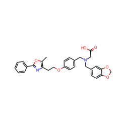 Cc1oc(-c2ccccc2)nc1CCOc1ccc(CN(CC(=O)O)Cc2ccc3c(c2)OCO3)cc1 ZINC000028949141