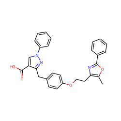 Cc1oc(-c2ccccc2)nc1CCOc1ccc(Cc2nn(-c3ccccc3)cc2C(=O)O)cc1 ZINC000040406395