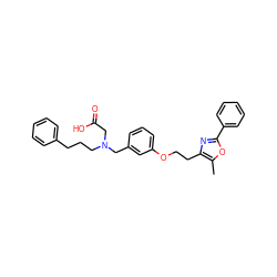 Cc1oc(-c2ccccc2)nc1CCOc1cccc(CN(CCCc2ccccc2)CC(=O)O)c1 ZINC000028949101