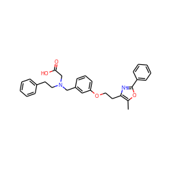 Cc1oc(-c2ccccc2)nc1CCOc1cccc(CN(CCc2ccccc2)CC(=O)O)c1 ZINC000028949099