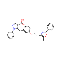 Cc1oc(-c2ccccc2)nc1CCOc1cccc(Cc2c(C(=O)O)cnn2-c2ccccc2)c1 ZINC000040897625