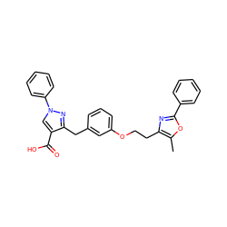 Cc1oc(-c2ccccc2)nc1CCOc1cccc(Cc2nn(-c3ccccc3)cc2C(=O)O)c1 ZINC000040899060