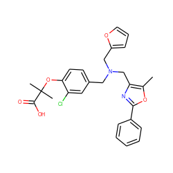 Cc1oc(-c2ccccc2)nc1CN(Cc1ccc(OC(C)(C)C(=O)O)c(Cl)c1)Cc1ccco1 ZINC000095558242