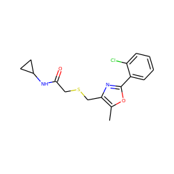 Cc1oc(-c2ccccc2Cl)nc1CSCC(=O)NC1CC1 ZINC000004101360