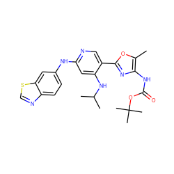 Cc1oc(-c2cnc(Nc3ccc4ncsc4c3)cc2NC(C)C)nc1NC(=O)OC(C)(C)C ZINC000223327472