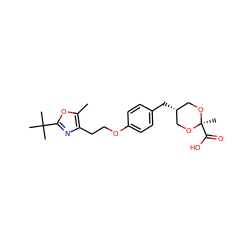 Cc1oc(C(C)(C)C)nc1CCOc1ccc(C[C@H]2CO[C@](C)(C(=O)O)OC2)cc1 ZINC000169014382