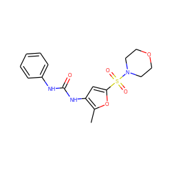 Cc1oc(S(=O)(=O)N2CCOCC2)cc1NC(=O)Nc1ccccc1 ZINC000040395081