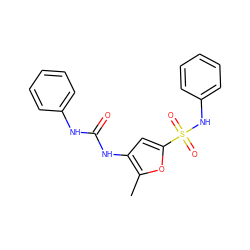 Cc1oc(S(=O)(=O)Nc2ccccc2)cc1NC(=O)Nc1ccccc1 ZINC000040394560