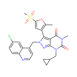 Cc1oc(S(C)(=O)=O)cc1-c1c2c(=O)n(C)c(=O)n(CC3CC3)c2nn1Cc1ccnc2ccc(Cl)cc12 ZINC000044416762