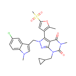 Cc1oc(S(C)(=O)=O)cc1-c1c2c(=O)n(C)c(=O)n(CC3CC3)c2nn1Cc1cn(C)c2ccc(Cl)cc12 ZINC000044406399