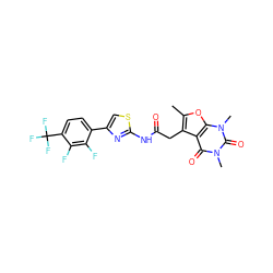 Cc1oc2c(c1CC(=O)Nc1nc(-c3ccc(C(F)(F)F)c(F)c3F)cs1)c(=O)n(C)c(=O)n2C ZINC000168864480