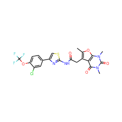 Cc1oc2c(c1CC(=O)Nc1nc(-c3ccc(OC(F)(F)F)c(Cl)c3)cs1)c(=O)n(C)c(=O)n2C ZINC000139095007